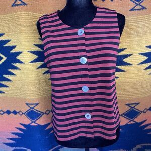 Vintage Carole Little Striped Sleeveless Button Up. Abalone Buttons. Small. Rare